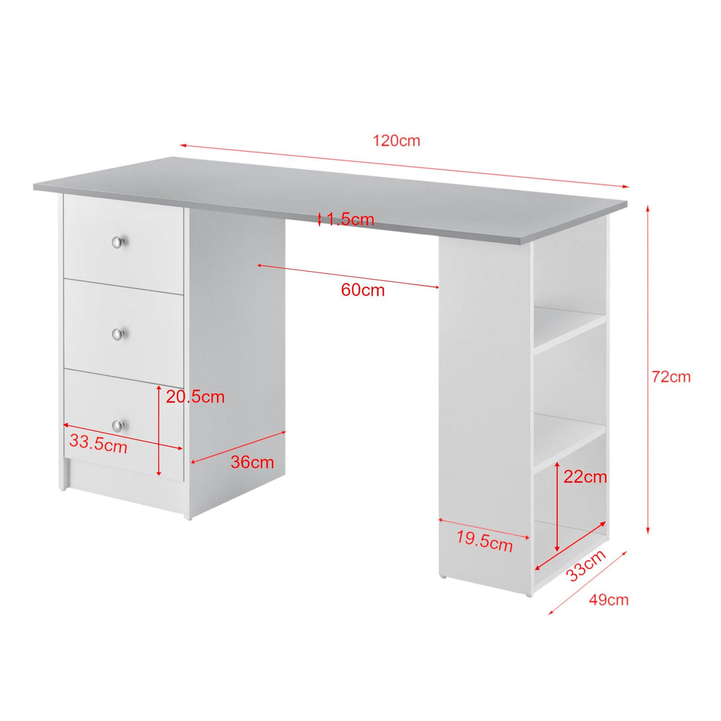 Bureau table de bureau poste de travail informatique avec 3 tiroirs bois mélaminé 120 cm blanc et gris 03_0004710 - Helloshop26