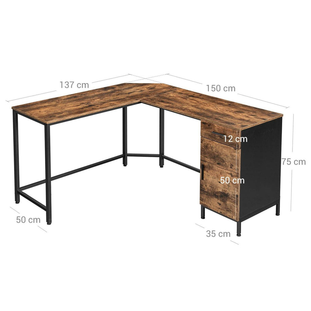 bureau d'angle table en forme de l avec placard de rangement et tiroir peu encombrant montage facile cadre en acier style industriel marron rustique et noir 12_0001331 - Helloshop26