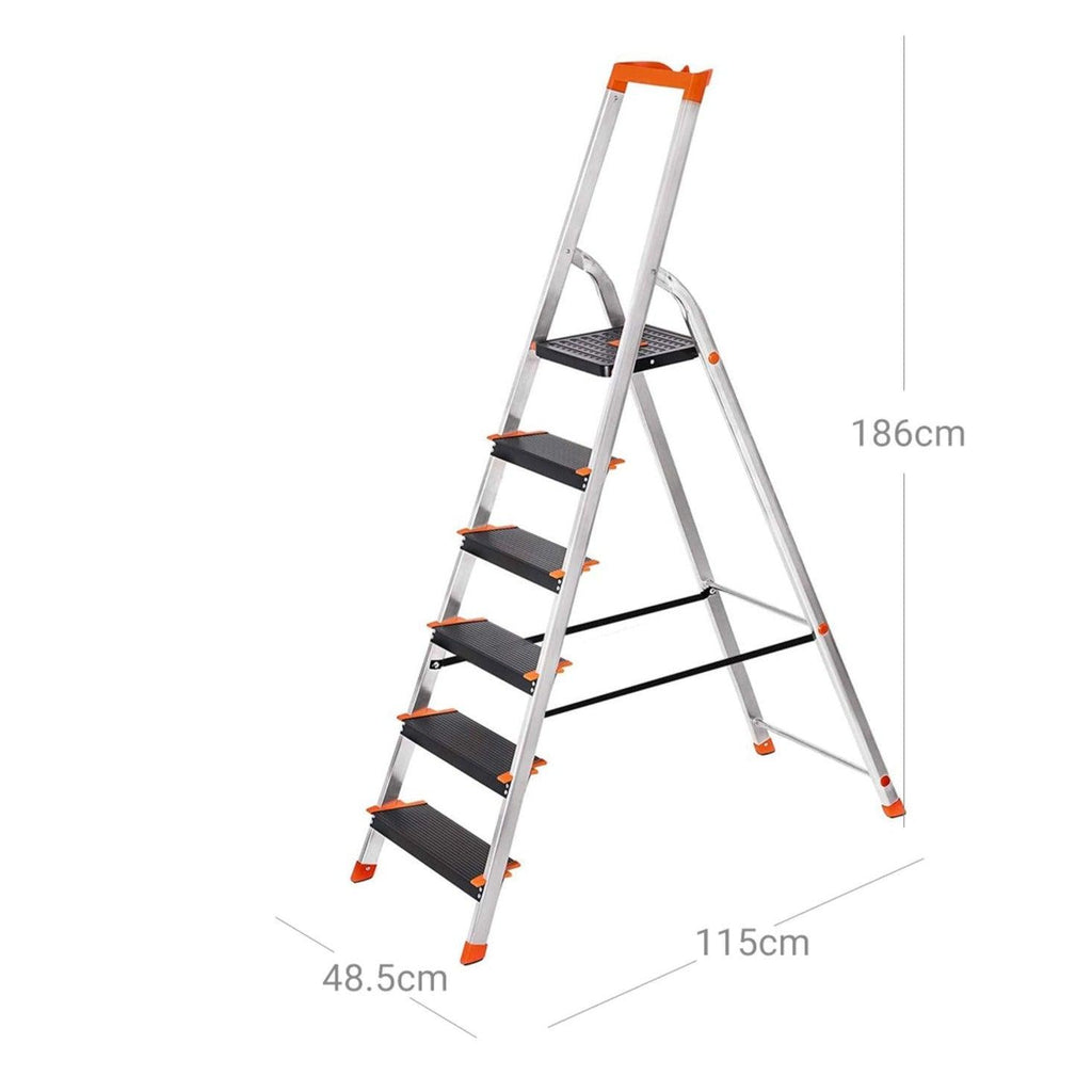 Échelle 6 marches en aluminium escabeau largeur de la marche 12 cm pliable plateau à outil pieds antidérapants capacité de charge 150 kg noir 12_0001922 - Helloshop26