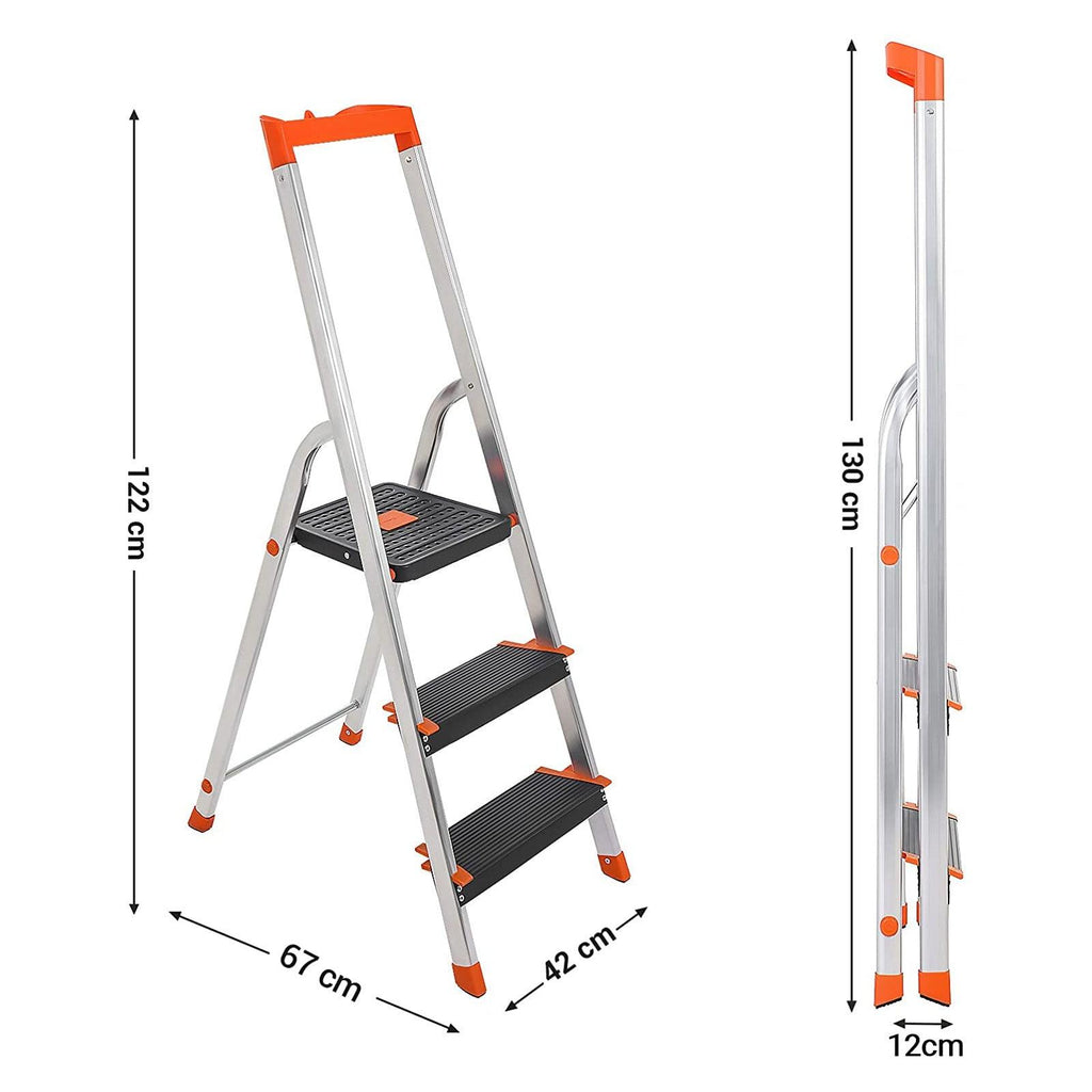 Échelle à 3 marches escabeau pliable en aluminium marches de 12 cm de large avec rainures pieds antiglisses main courante porte-outils charge 150 kg argent 12_0001918 - Helloshop26
