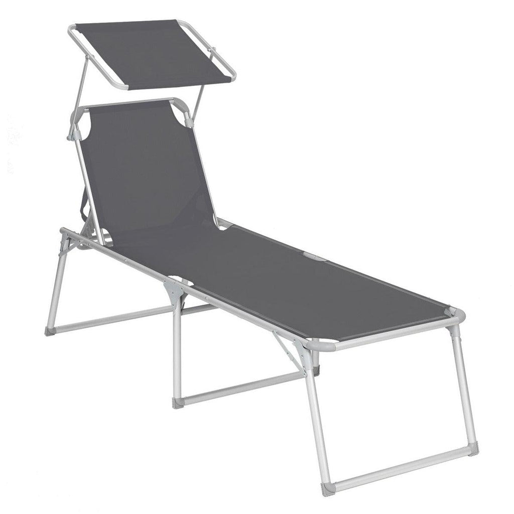 Chaise longue bain de soleil transat de relaxation grand modèle 65 x 200 x 48 cm charge 150 kg avec dossier et parasol inclinables pliable pour jardin balcon terrasse gris 12_0001711 - Helloshop26