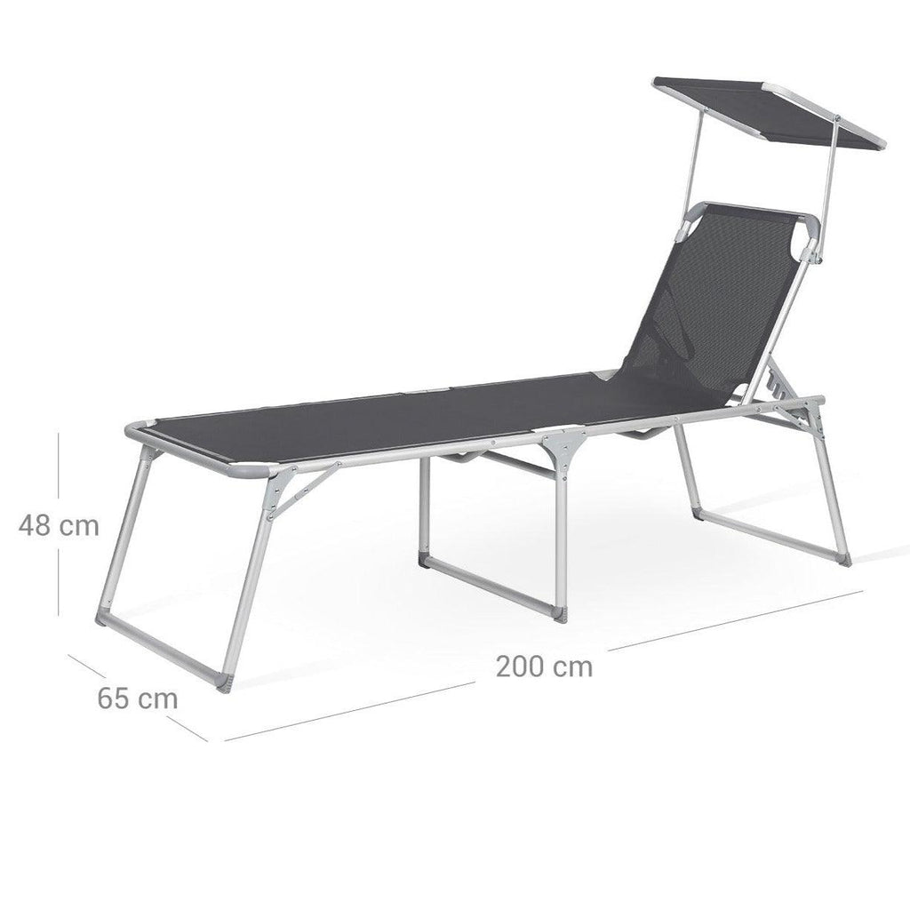 Chaise longue bain de soleil transat de relaxation grand modèle 65 x 200 x 48 cm charge 150 kg avec dossier et parasol inclinables pliable pour jardin balcon terrasse gris 12_0001711 - Helloshop26