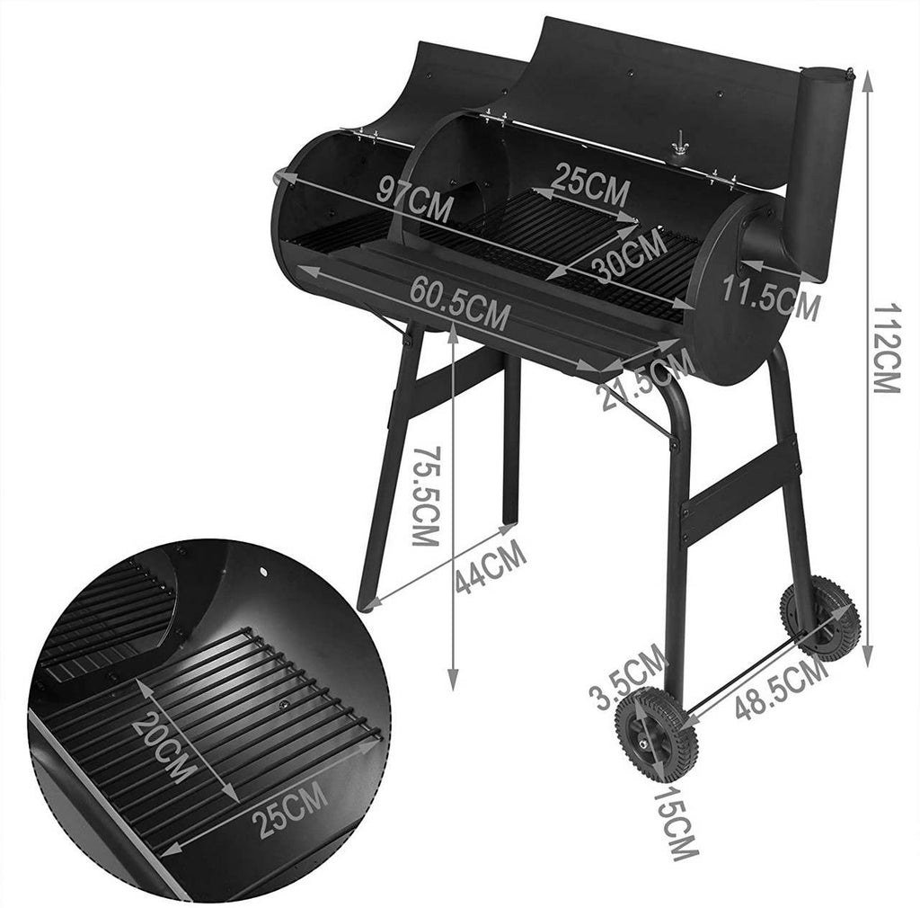 Barbecue chariot à charbon de bois 2 compartiments avec roues de transport noir 19_0000937 - Helloshop26