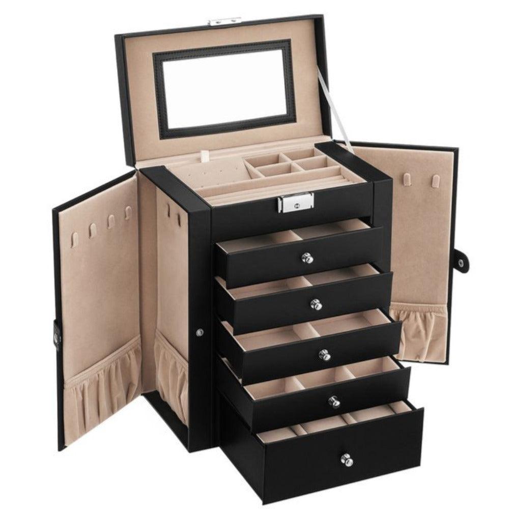 Boîte à bijoux coffre à bijoux grand 6 niveaux avec ailes tiroirs miroir et fermoir pour bracelets boucles d'oreilles bagues colliers idée cadeau 32 cm noir 12_0002126 - Helloshop26