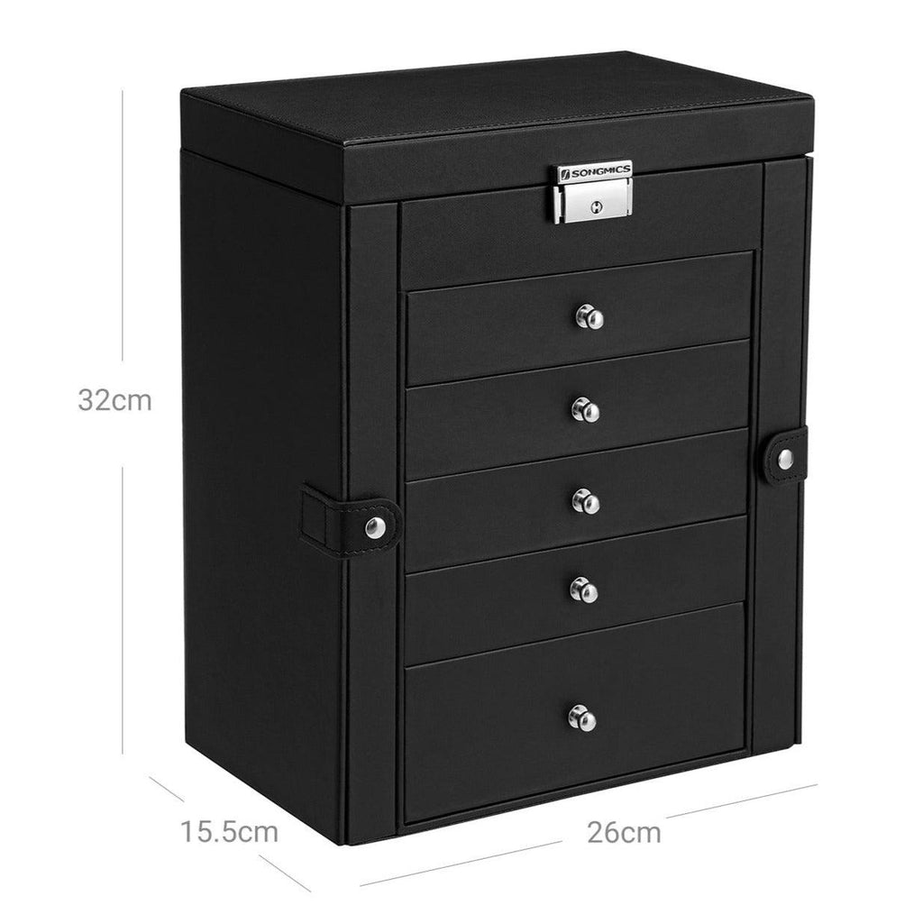 Boîte à bijoux coffre à bijoux grand 6 niveaux avec ailes tiroirs miroir et fermoir pour bracelets boucles d'oreilles bagues colliers idée cadeau 32 cm noir 12_0002126 - Helloshop26