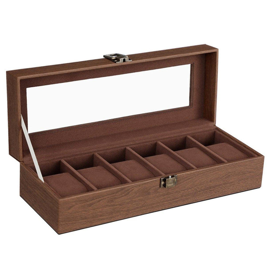 Boîte à montres avec 6 emplacements coffret pour montres support de rangement bijoux en verre avec coussins 30 cm marron effet bois 12_0002223 - Helloshop26