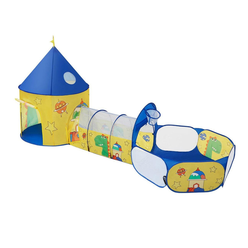 Aire de jeux 3-en-1 parc enfant pop-up avec tente tunnel piscine à balles thème dinosaure espace idée cadeau jaune et bleu 12_0002283 - Helloshop26