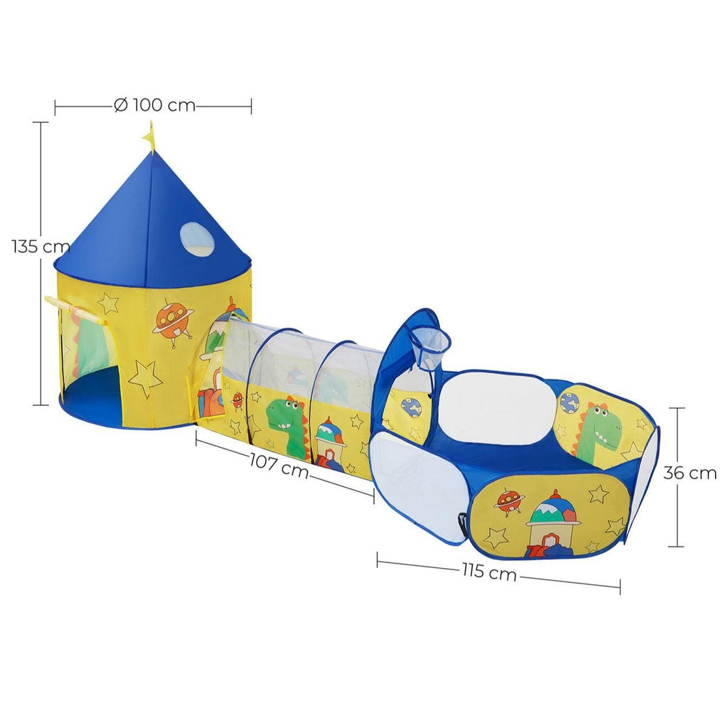 Aire de jeux 3-en-1 parc enfant pop-up avec tente tunnel piscine à balles thème dinosaure espace idée cadeau jaune et bleu 12_0002283 - Helloshop26