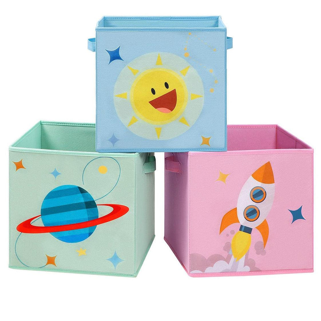 Boîtes de rangement lot de 3 organisateurs pour jouets cubes pliables avec poignées pour chambre d'enfant salle de jeux 30 x 30 x 30 cm thème de l'espace bleu vert et rose 12_0002274 - Helloshop26