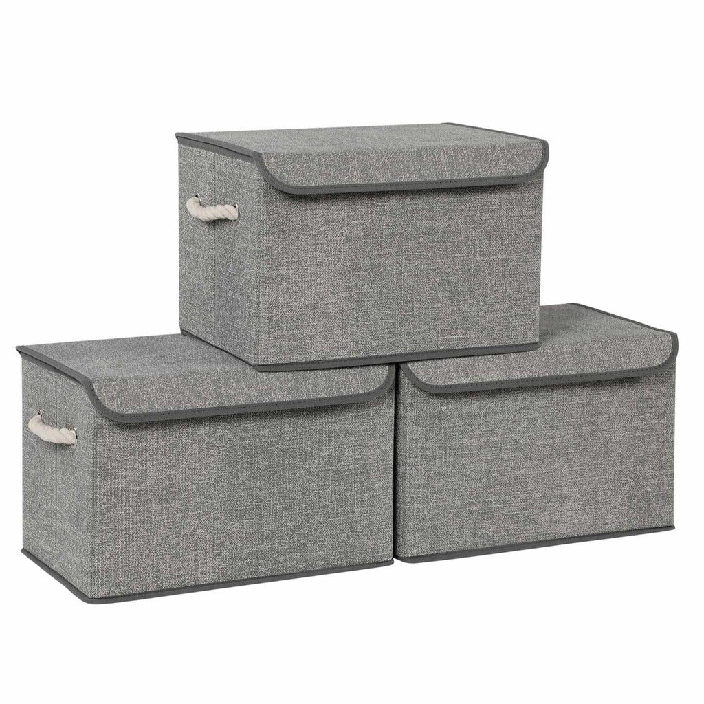 Boîtes de rangement en tissu lot de 3 coffres bacs avec couvercle poignées coton motif lin gris 12_0003634 - Helloshop26