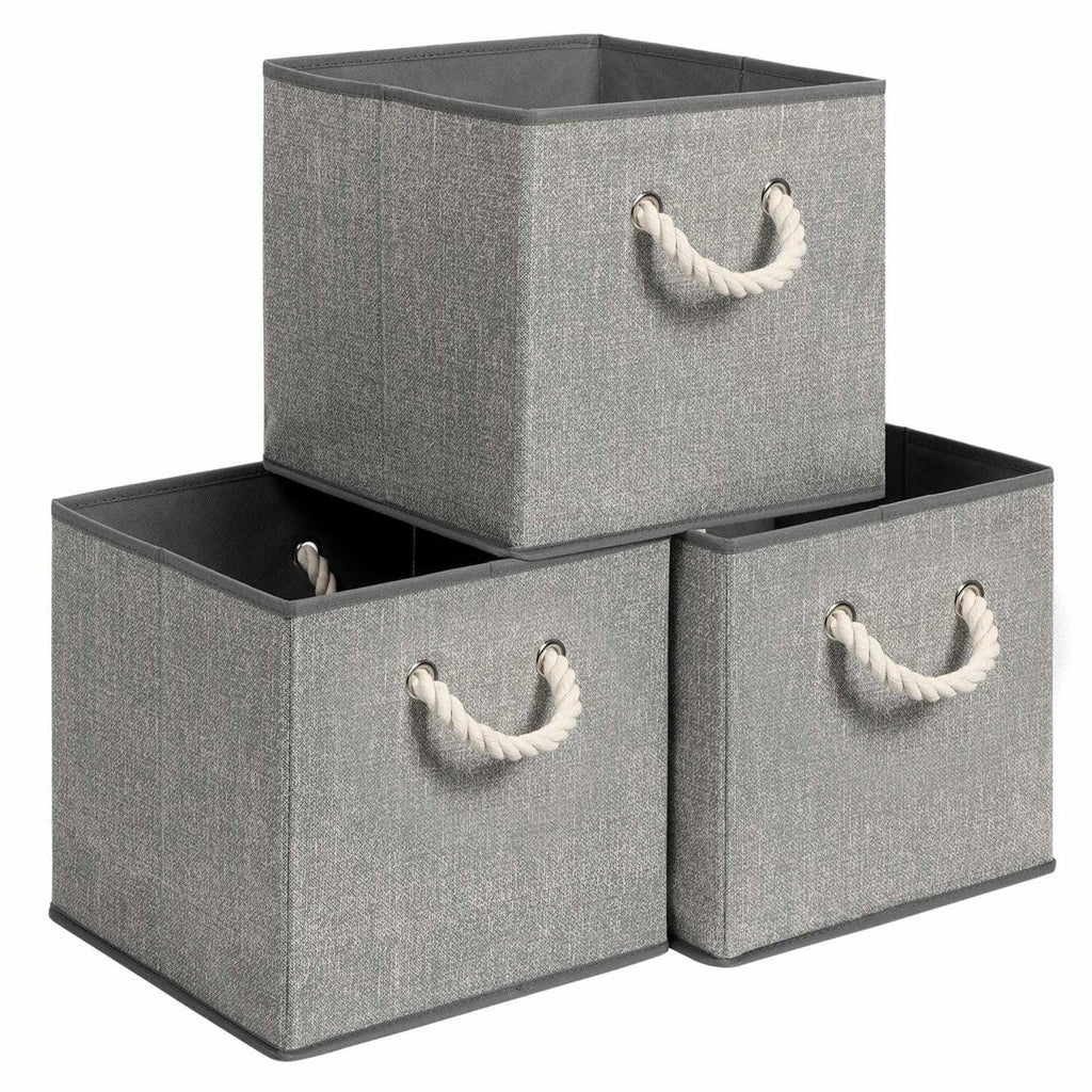 Boîtes de rangement en tissu lot de 3 bacs cubes sans couvercle avec poignées 30 x 30 x 30 cm motif lin gris 12_0003633 - Helloshop26