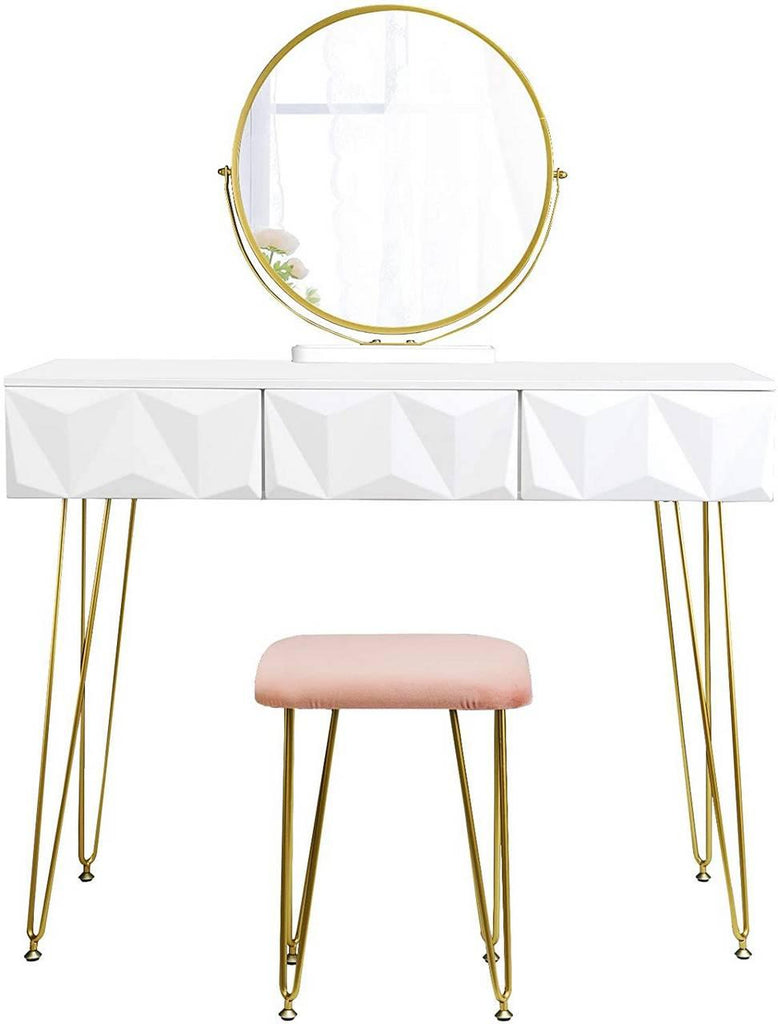 Coiffeuse avec tabouret et miroir pivotant moderne 100 cm rond blanc doré 19_0000184 - Helloshop26