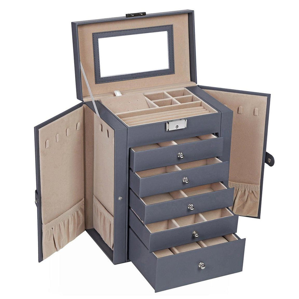 Boîte à bijoux coffre à bijoux grand 6 niveaux avec ailes tiroirs miroir et fermoir pour bracelets boucles d'oreilles bagues colliers montres idée cadeau gris 12_0002112 - Helloshop26