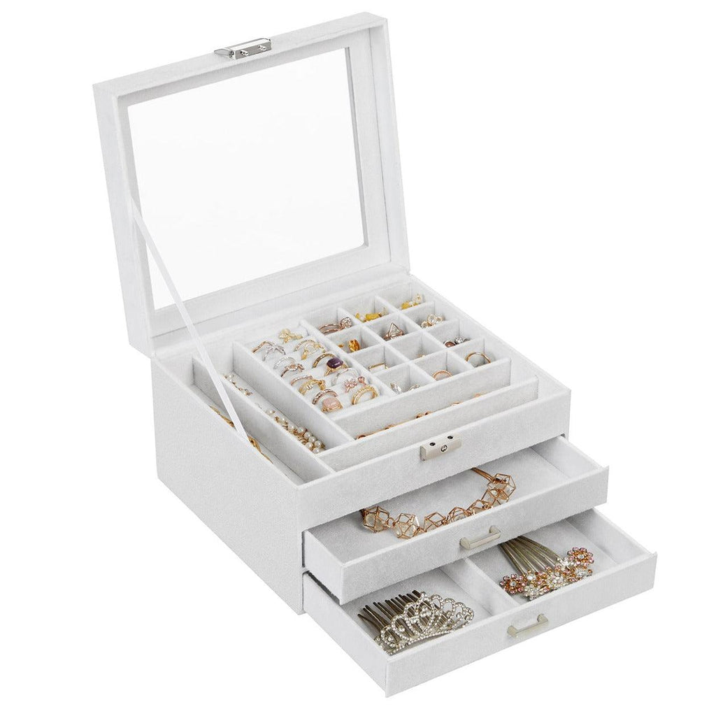 Boîte à bijoux présentoir à bijoux en velours à 3 niveaux organisateur avec couvercle en verre transparent compartiments pour colliers bracelets verrouillable blanc 12_0002104 - Helloshop26