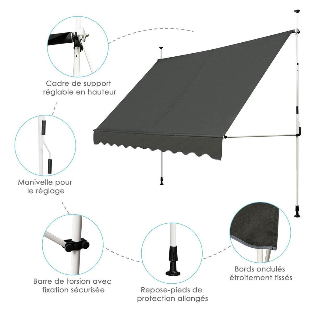 Auvent manuel rétractable 300 cm hauteur réglable de 200-300cm store banne fait en aluminium et tissu oxford anti uv gris 20_0000148 - Helloshop26