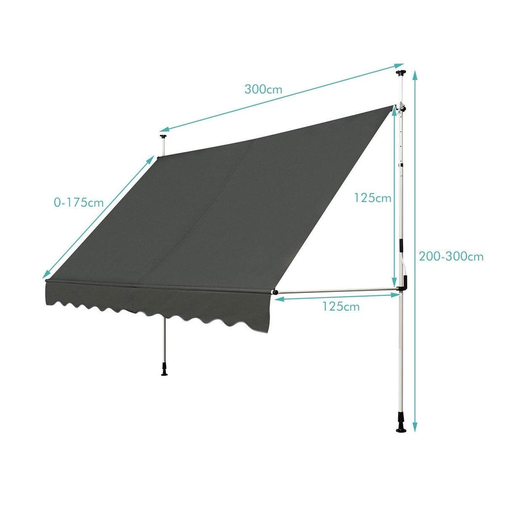 Auvent manuel rétractable 300 cm hauteur réglable de 200-300cm store banne fait en aluminium et tissu oxford anti uv gris 20_0000148 - Helloshop26
