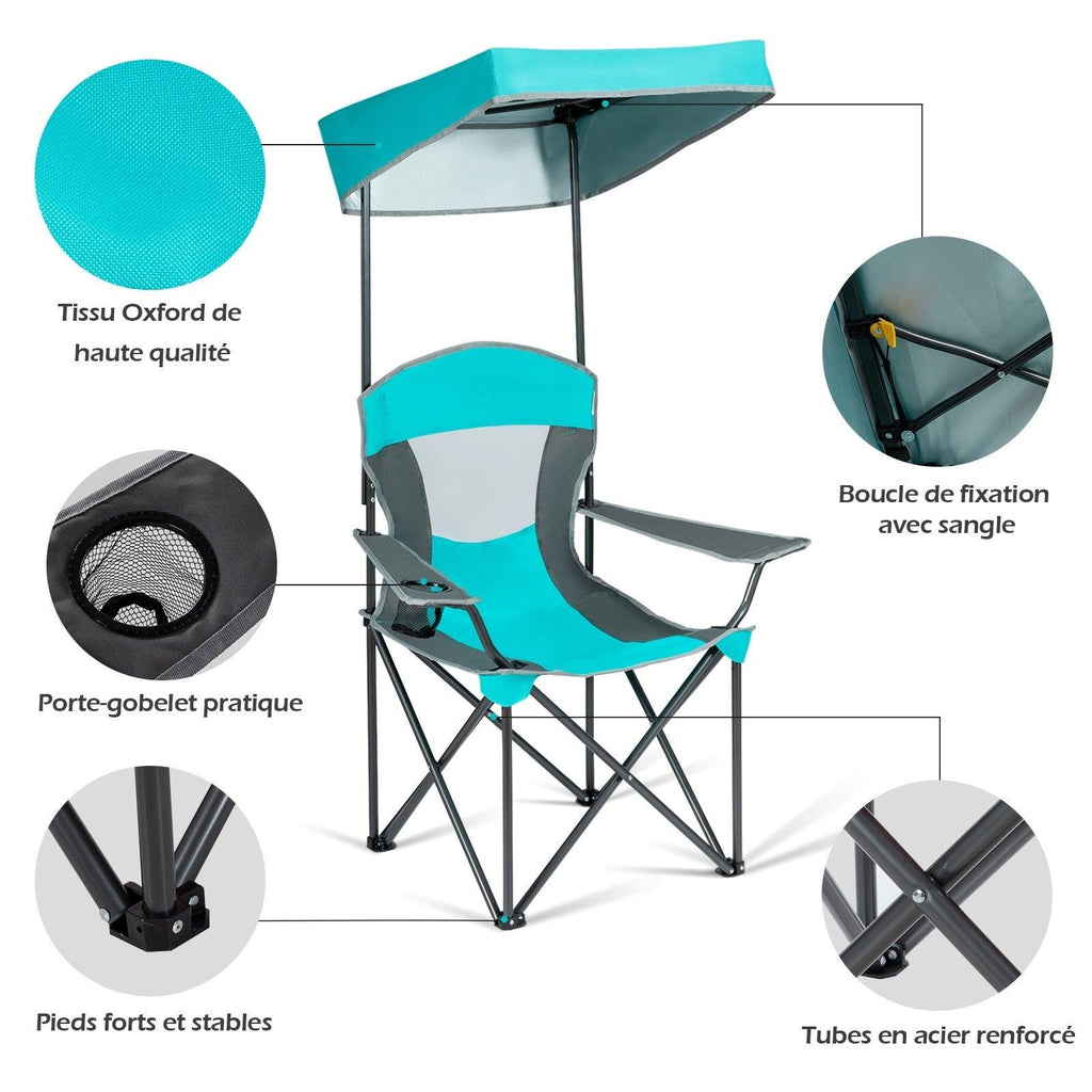 Chaise de camping pliable avec pare-soleil porte-gobelet et sac de transport pour extérieur 90 x 72 x 150 cm turquoise 20_0000370 - Helloshop26