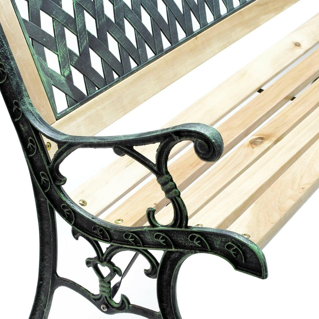 Banc de jardin en bois et fer de fonte dossier avec motif grilles 2 places 122 cm 16_0000739 - Helloshop26