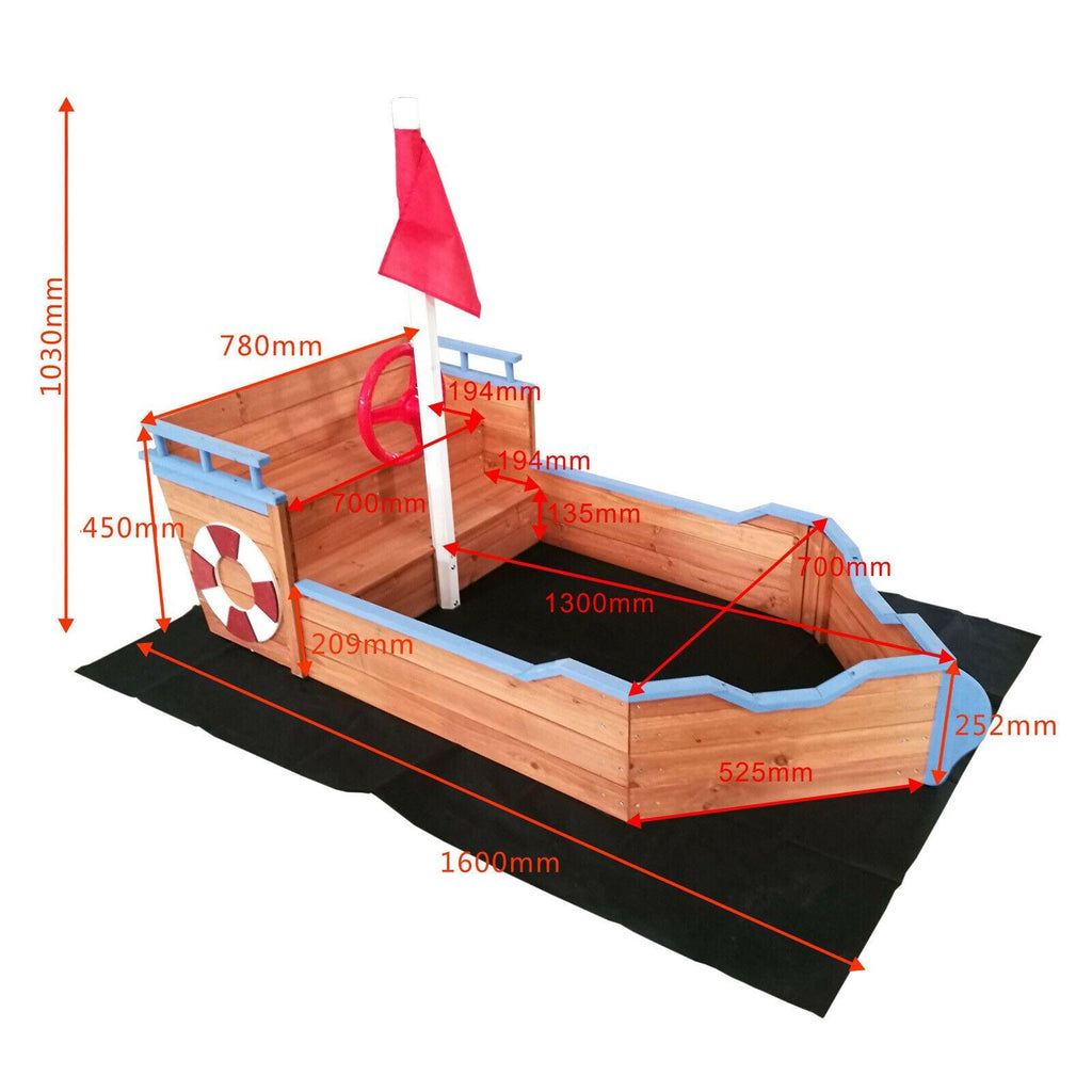 Bac à sable forme bateau avec banc et drapeau 160 cm bois sol non-tissé 16_0002202 - Helloshop26